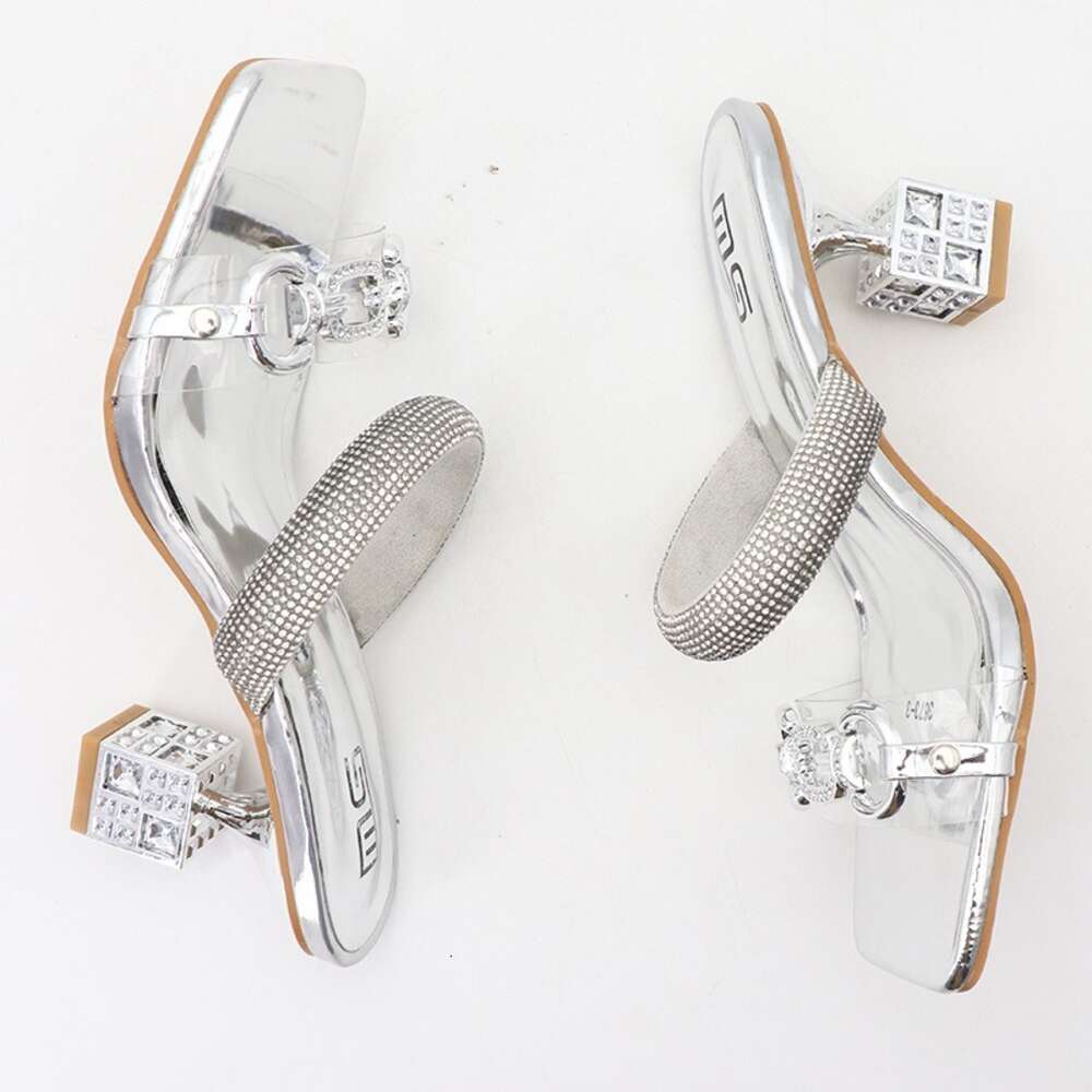 Summer Sier Gold Slides Women 8Cm High Mules Slippers Crystal Glitter Rhinestone Strange Block Square Heels Shoes