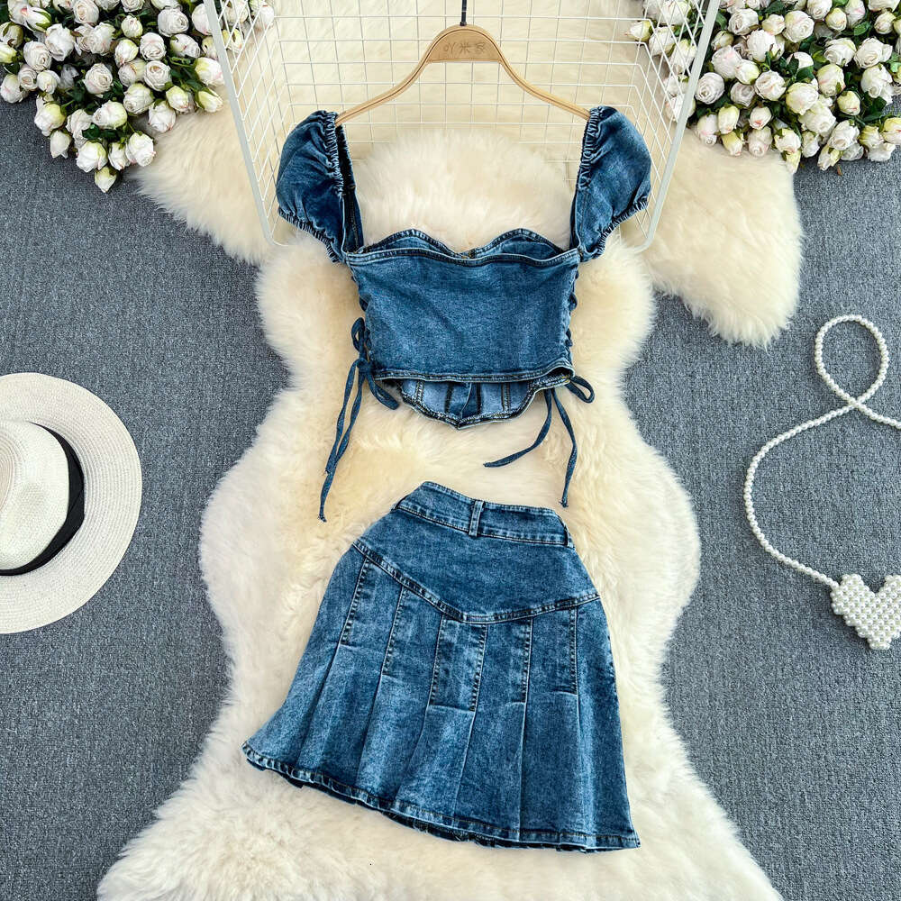 Fashion Set Spicy Girl Short Open Umbilical Strap Denim Top Two Piece High Waist Pleated Half Skirt