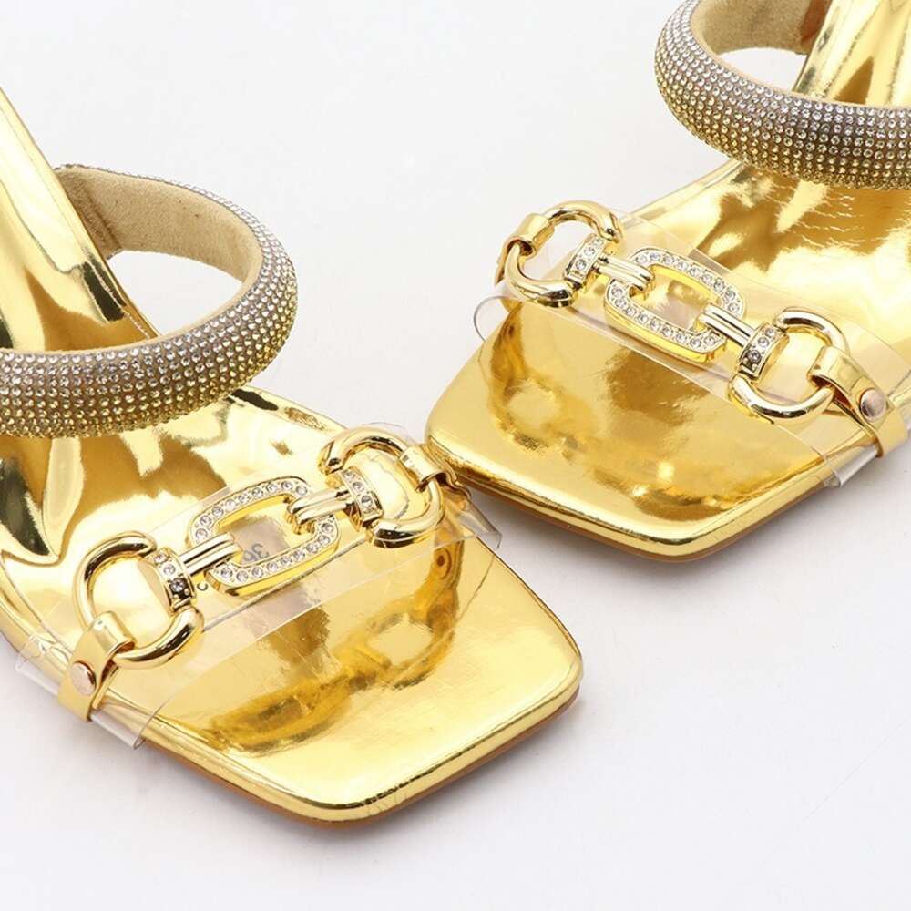 Summer Sier Gold Slides Women 8Cm High Mules Slippers Crystal Glitter Rhinestone Strange Block Square Heels Shoes