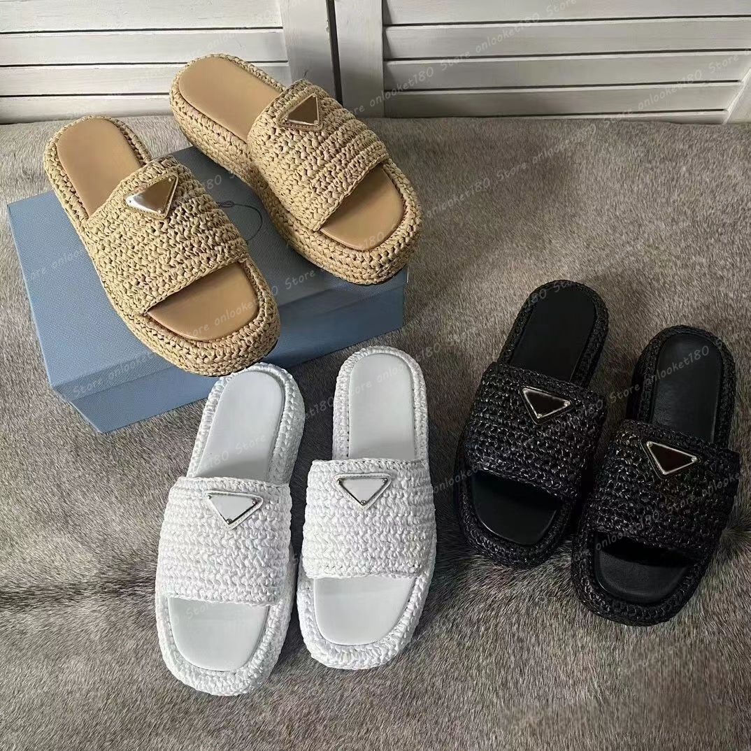 Designer Sandals Women Platform Slippers Straw Fashion Slip On Gold Buckle Black White Gold Woman Casual Sandal Pool Sliders Beach Shoes Size 45