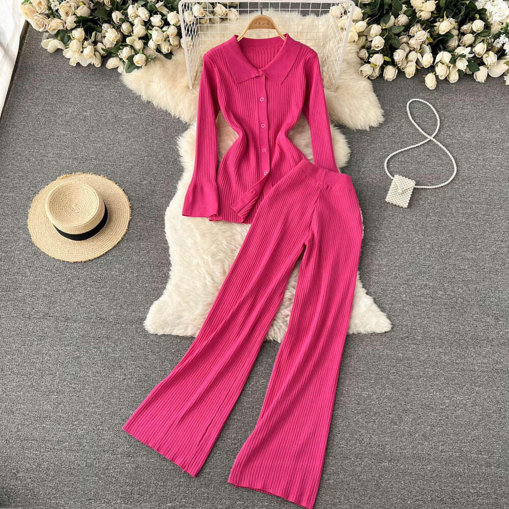 Fashion Knitted Suit Womens Green Long Sleeve Lapel Sweater Cardigan Shirt High Waist Hanging Feeling Wide Leg Pants Two-piece Set