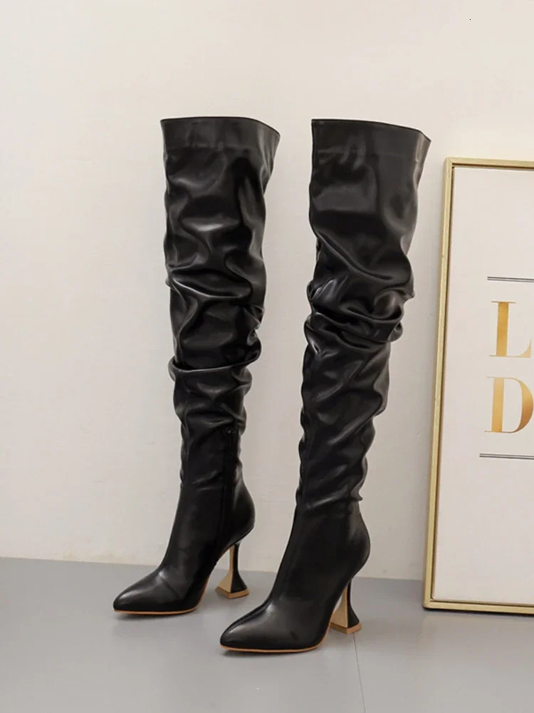 Women Winter Pointed Leather Stiletto Toe White Heeled Knee Boots Wine Glass Heel Side zipper Thigh Gigh Booties