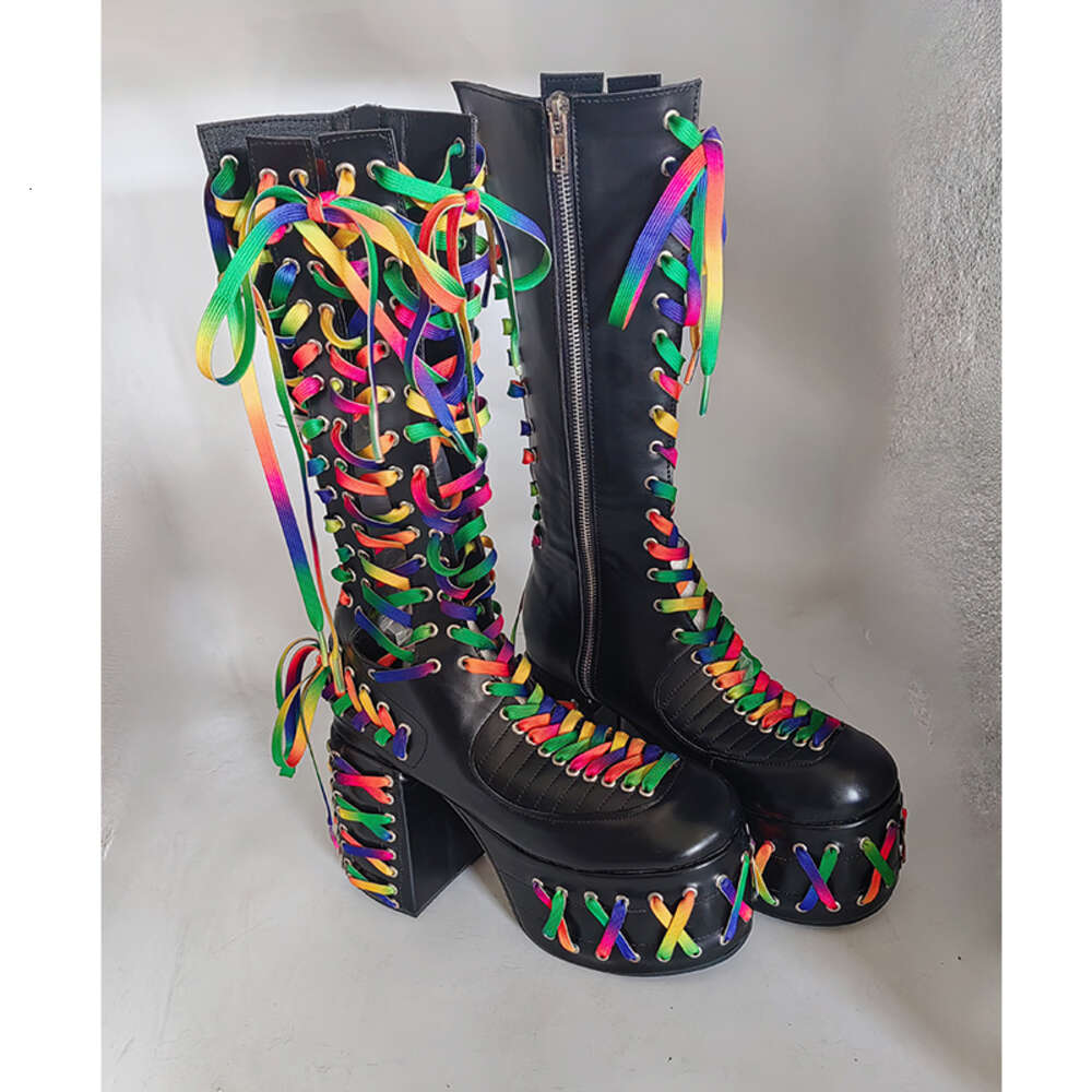 Rainbow Shoelace Side Zipper Round Toe Platform Thick Heel Knee-High Woman Winter 2024 Abby Rock Dark Black Long Boots