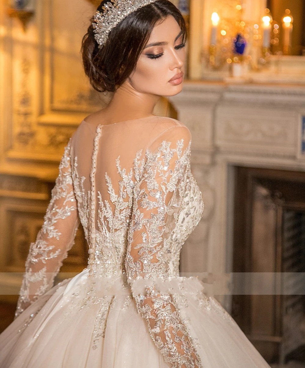 Wedding Church Dress Illusion Neck Long Sleeves Lace Sequins Tulle Ball Gown Bridal Bride Gowns Arabic Dubai Vestido De Noiva Customed s