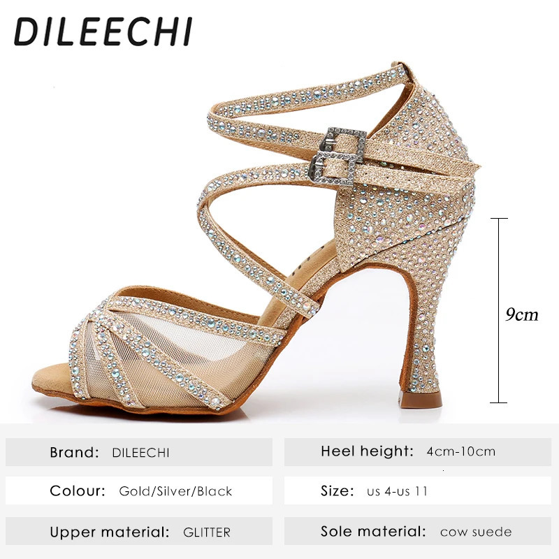 DILEECHI Latin Dance Shoes Gold Glitter Rhinestones With Net Womens Ballroom Dancing Shoes Salsa Soft Outsole Cuba Heel 9cm 240607
