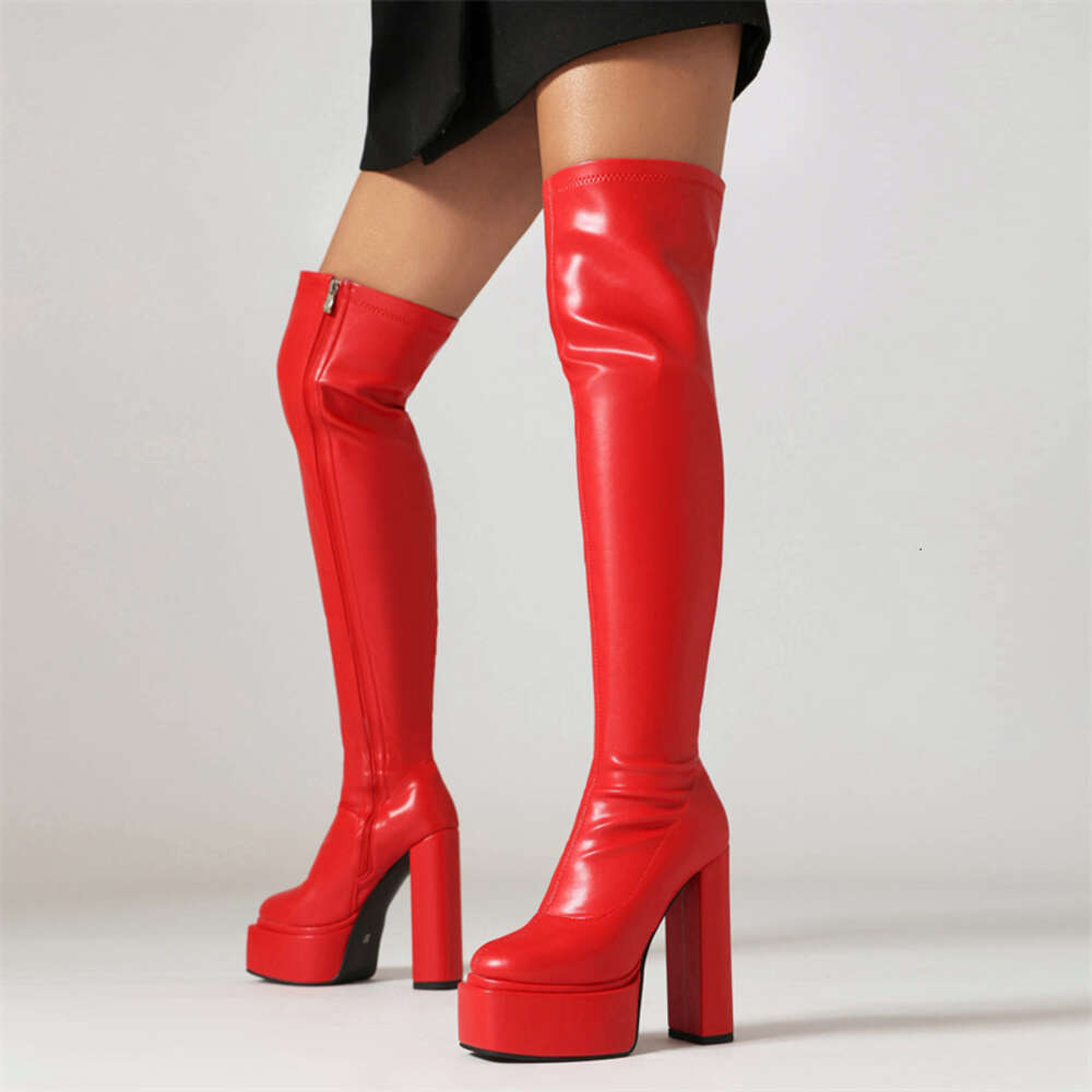 Sexy Over The Knee High Boots Women Platform Red White Black Long Thigh Boot Thick Heels Winter Dance Shoes Lady Large Size 48