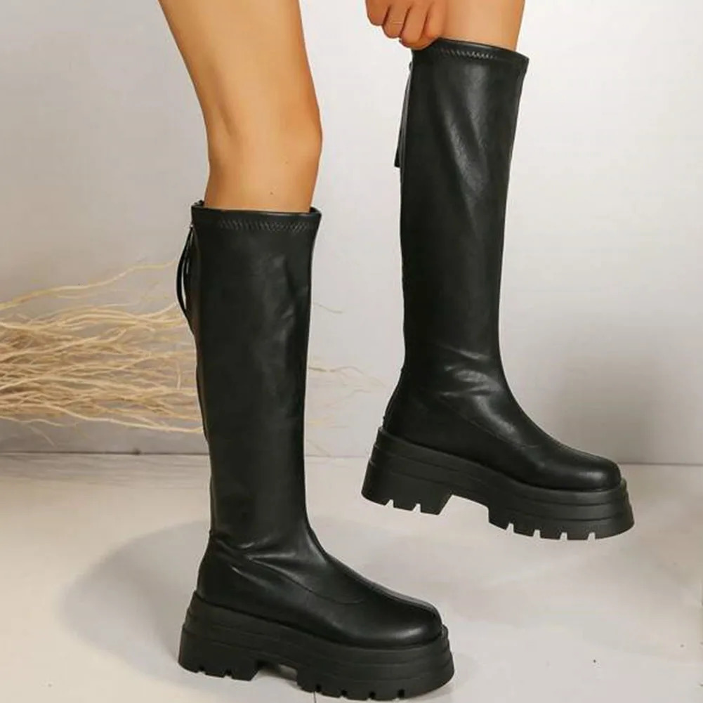 Chelsea Long Boots For Women Platform Thick Sole High Heels Womens Winter Motorcycle Knee High Boots Punk Elastic Ladies Shoes 240611
