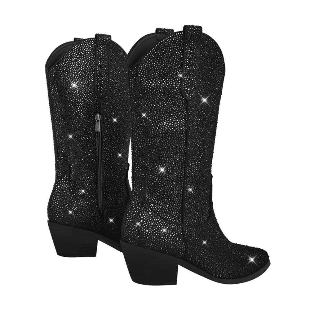 Onlymaker Women Knee High Boots Rhinestone Glitter Bling Shiny Western Pointed Toe Block Heel Pull-On Cowgirl Booties