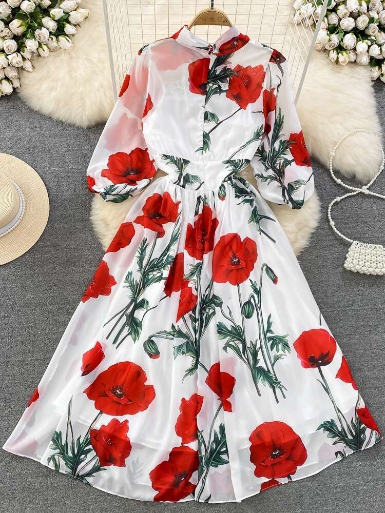 French Hepburn Bow Tie Up Waist Slim A-line Printed Chiffon Dress Elegant Large Swing Long Dress