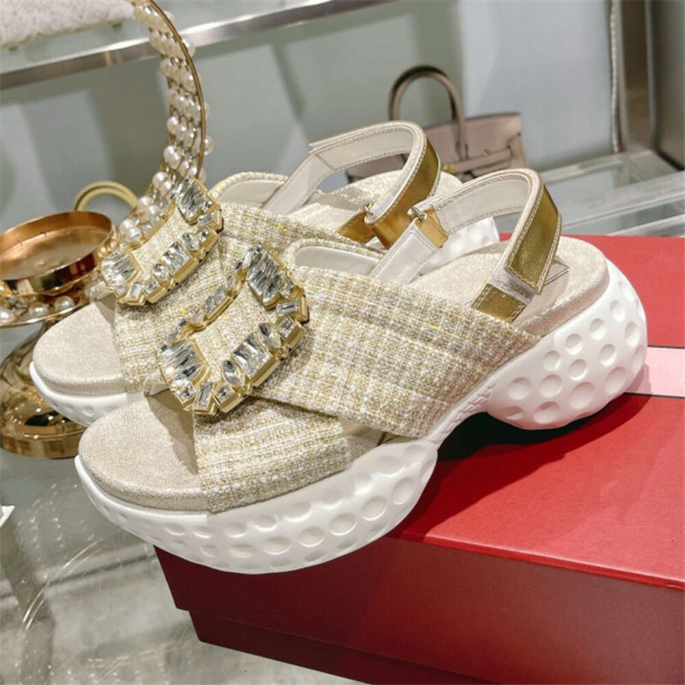 Diamond Buckle Decorative Women's Round Toe Increase Thick Bottom Waterproof Table Design Fashion Party Sandals