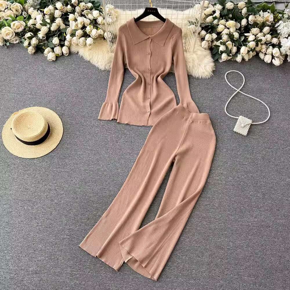 Fashion Knitted Suit Womens Green Long Sleeve Lapel Sweater Cardigan Shirt High Waist Hanging Feeling Wide Leg Pants Two-piece Set