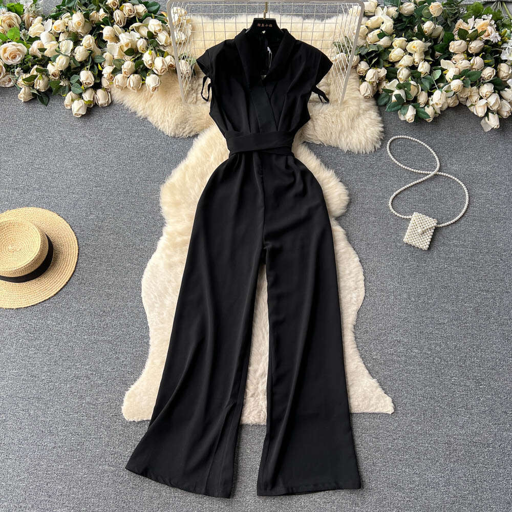 Temperament V-neck waistband jumpsuit for womens summer new age reducing Korean version fashionable and slim high waist draped wide leg pants