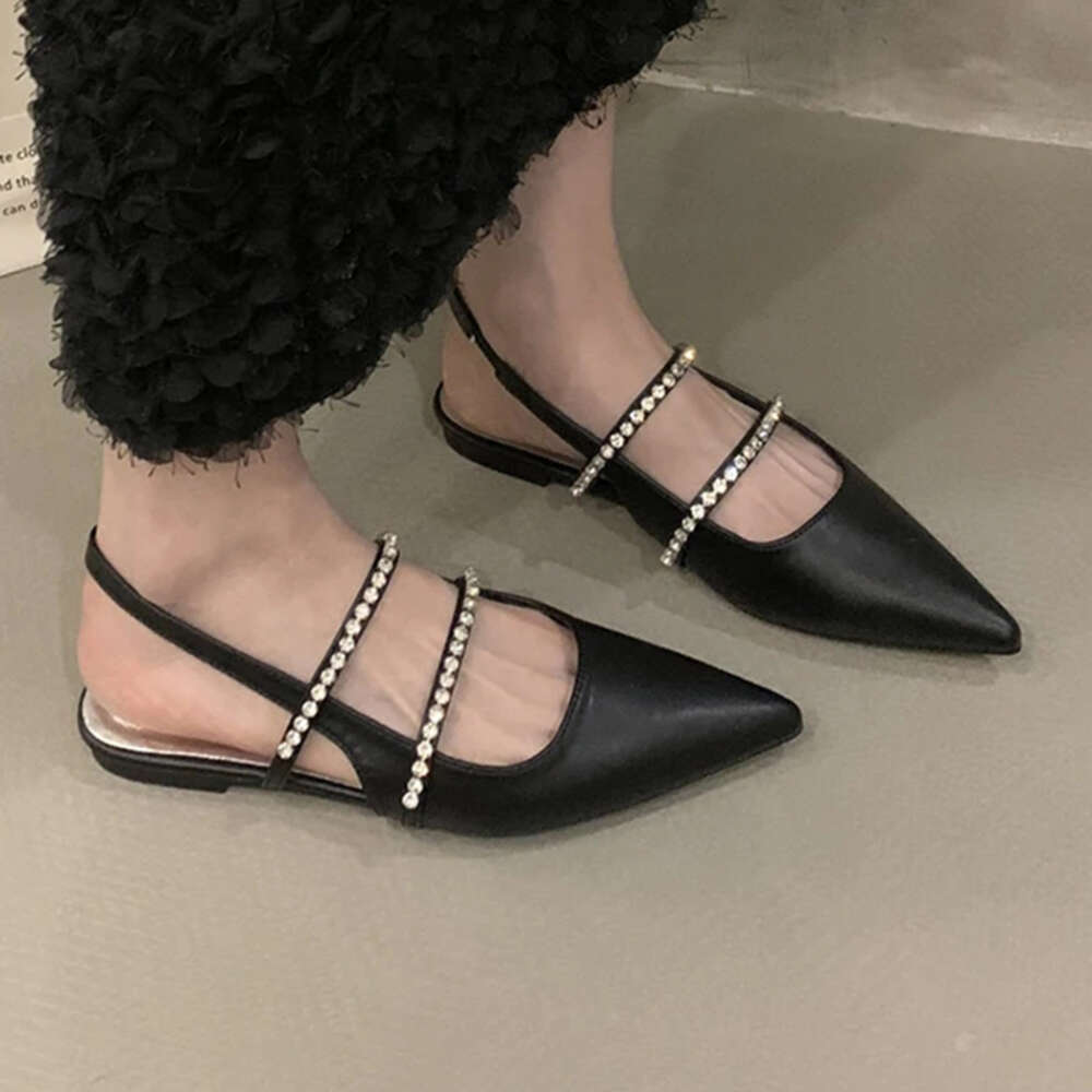 Woman Single Advanced Sense Rhinestone Flat Sandals Ankle Strap Shallow Mouth French Style Baotou Female Shoes Summer Ddmymonkey