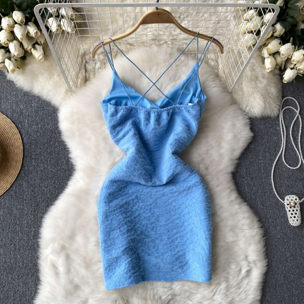 Summer French Temperament Fashion Open-Back V-Neck Suspender Dress Women Slim Irregular Light Cooked Split Buttock Skirt