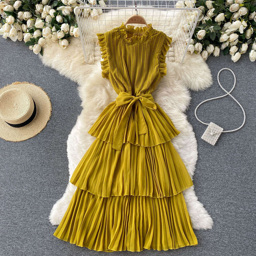 French dress womens heavy industry crimp wood ear edge collar lace up waist thin Ruffle chiffon cake skirt