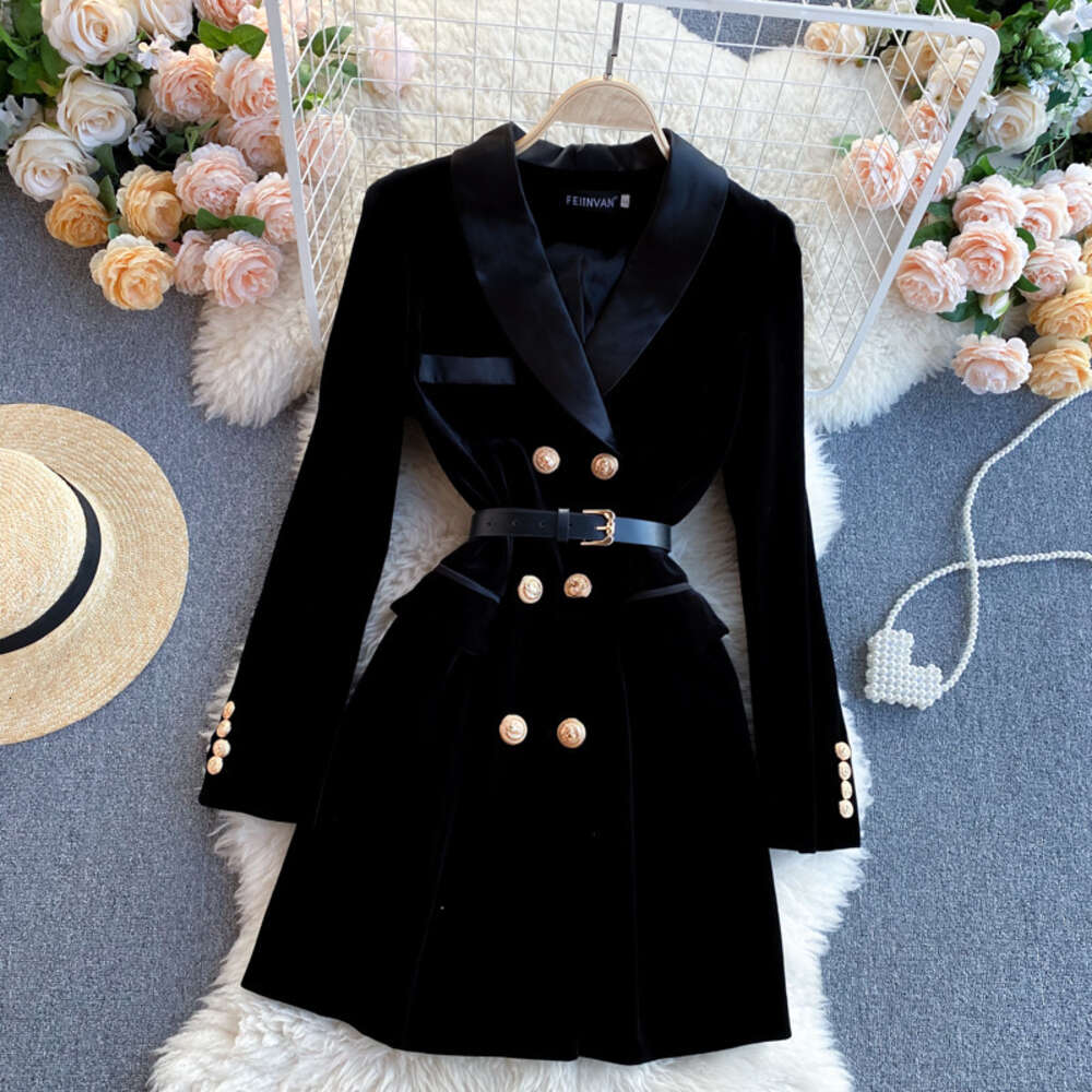 winter dress new womens suit collar Fashion British style double breasted slim velvet dress