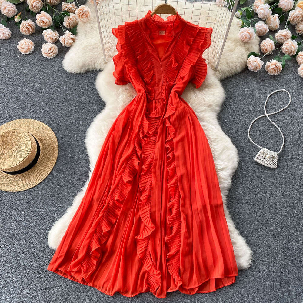 24ss Summer Chiffon Dress Sleeveless Fashion Slim Fit Elegant Ruffle Edge Waist Wrap Long Dress