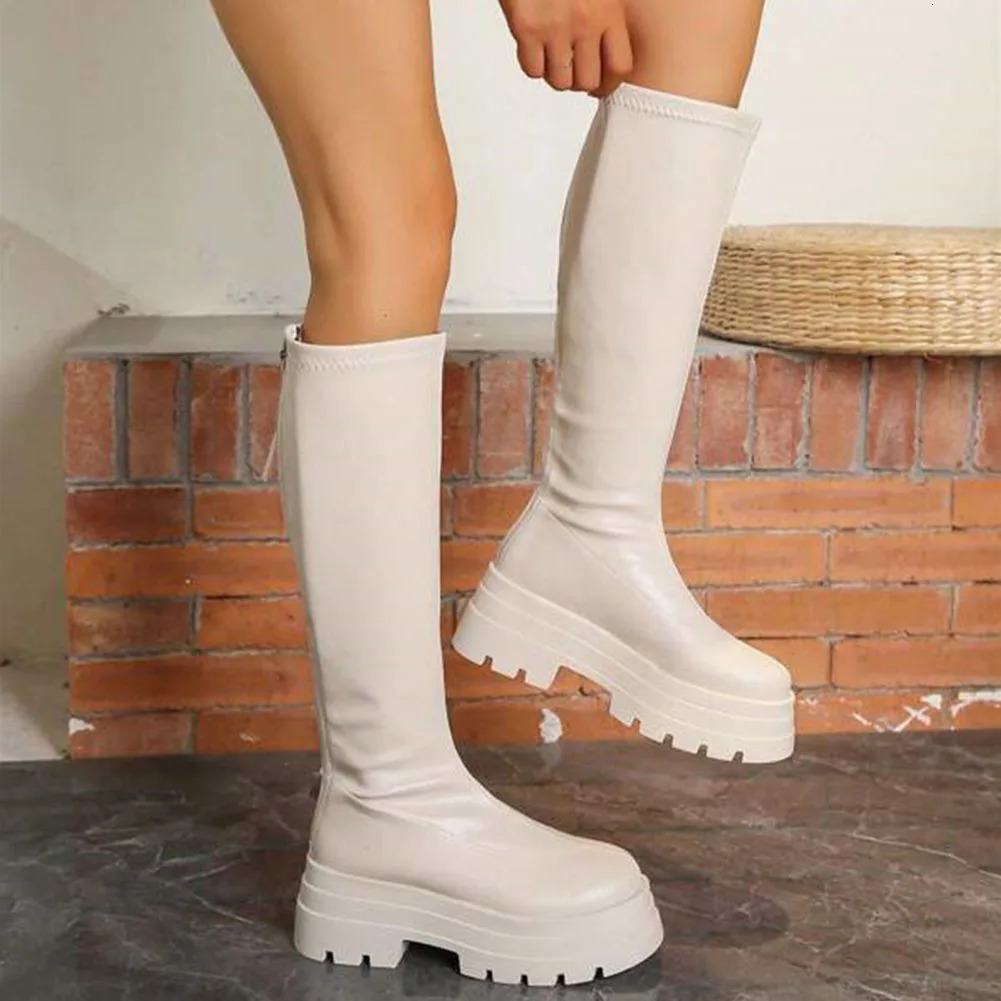 Chelsea Long Boots For Women Platform Thick Sole High Heels Womens Winter Motorcycle Knee High Boots Punk Elastic Ladies Shoes 240611