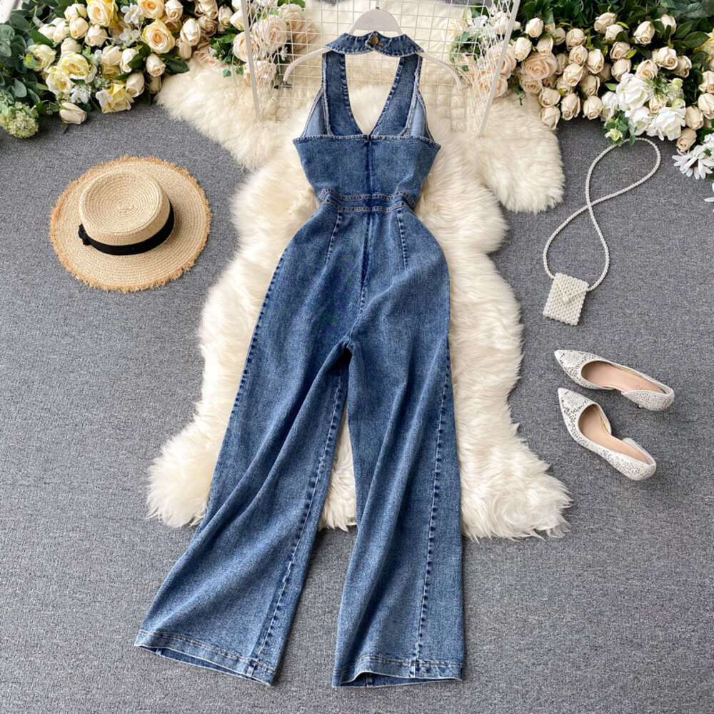 2020 Summer jumpsuit style elegant sleeveless backless high waisted slim and wide leg denim jumpsuit