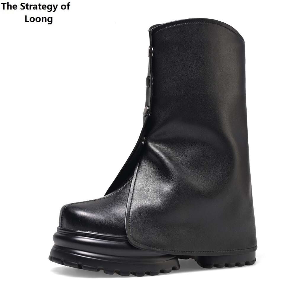 Spring Autumn New Slim Height Increasing Wedges Platform Buckle Genuine Leather Women Mid-Calf Modern Trouser Boots Winter Plush