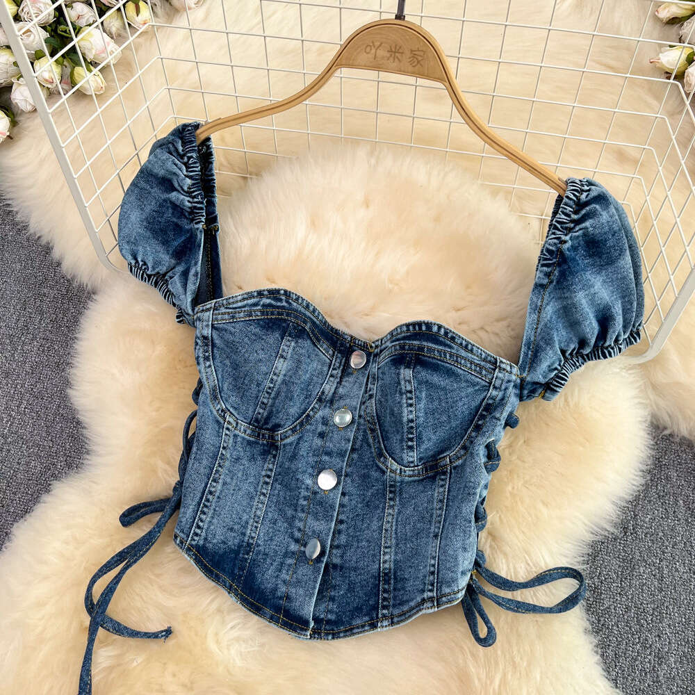 Fashion Set Spicy Girl Short Open Umbilical Strap Denim Top Two Piece High Waist Pleated Half Skirt