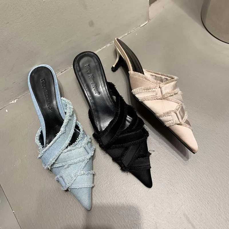 Slippers 2024 Women Mules Elegant Sandals Pumps Summer Female Shoes Low Heels New In Fashion Ladies Sandal Pointed Toe Slides FootwearL464