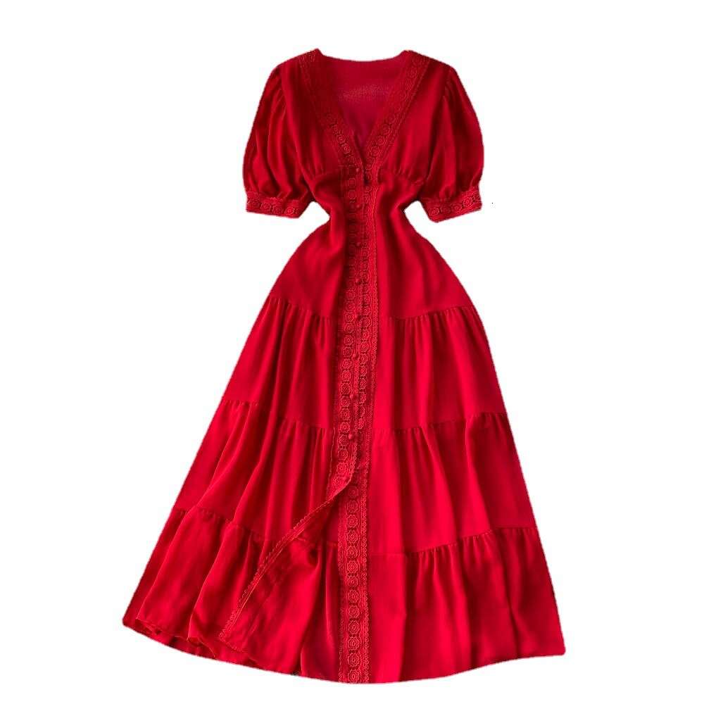 French Court Style Lace V-neck high-grade dress with closed waist short sleeves single breasted long skirt