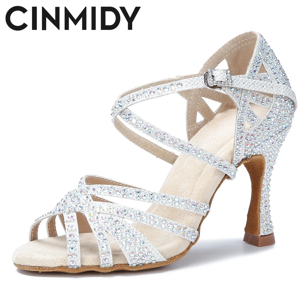 CINMIDY Satin Glitter Dance Shoes Women Rhinestone Latin Dance Shoes Ballroom Dance High Heels Party Shoes Women Wedding Shoes 240607
