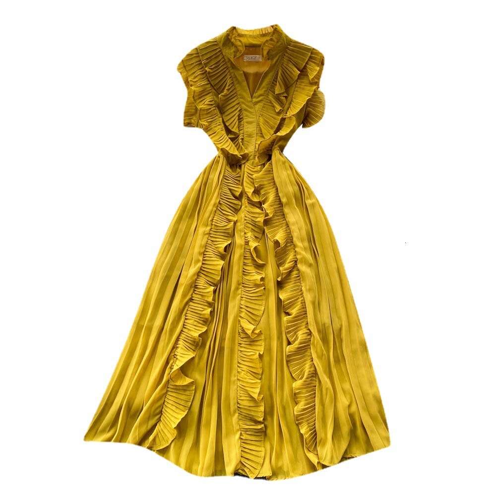 24ss Summer Chiffon Dress Sleeveless Fashion Slim Fit Elegant Ruffle Edge Waist Wrap Long Dress