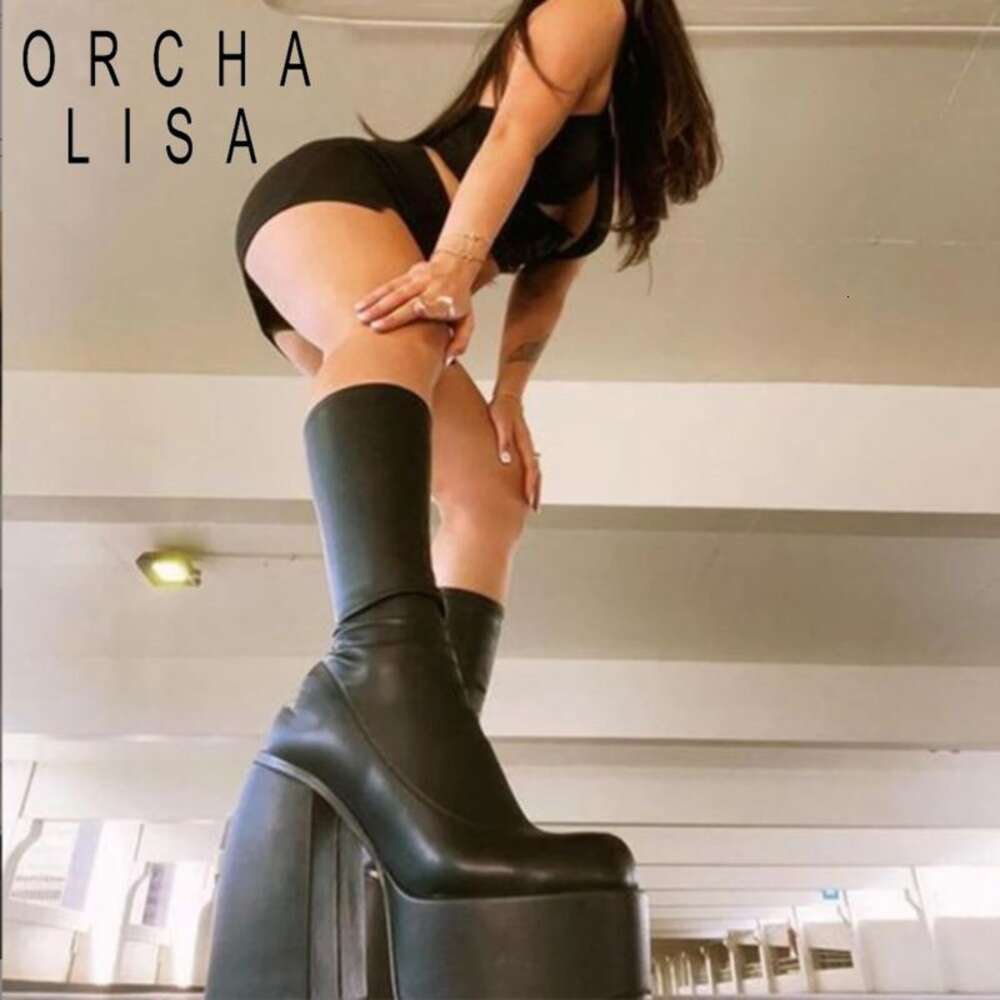 Brand New Autumn Winter Mid Calf Boots Punk Goth Chunky Platform High Heels Motorcycle Long Booty Women Shoes Big Size 46 47 48