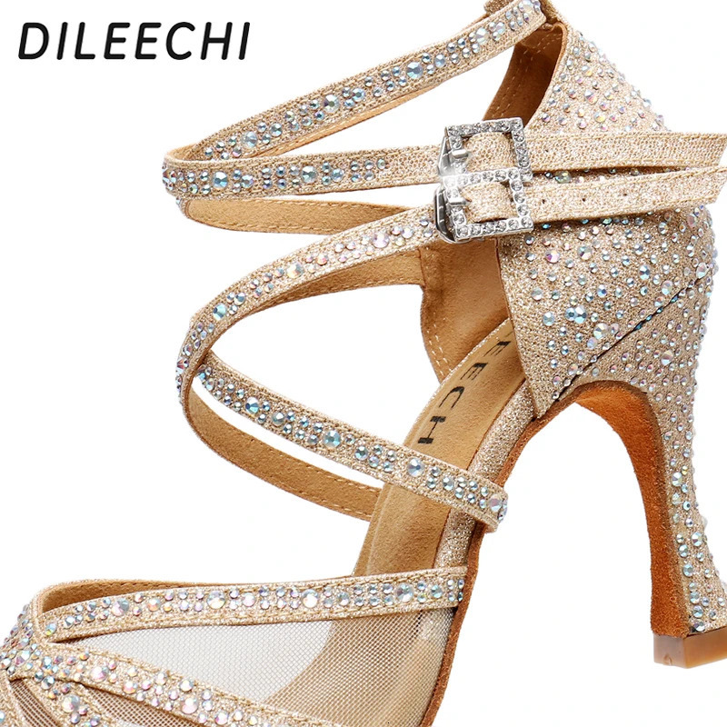 DILEECHI Latin Dance Shoes Gold Glitter Rhinestones With Net Womens Ballroom Dancing Shoes Salsa Soft Outsole Cuba Heel 9cm 240607