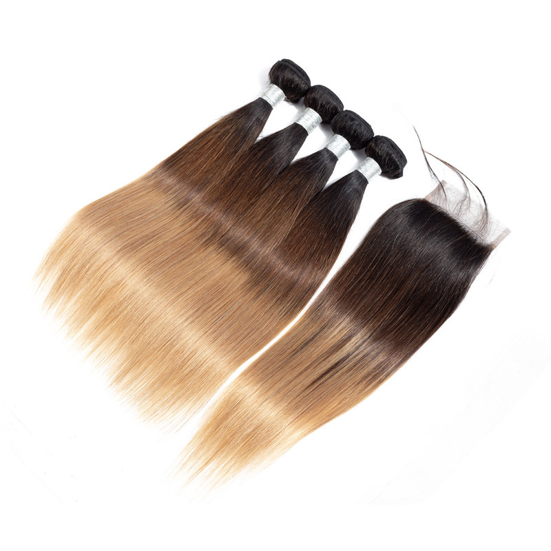 1B/4/27 ThreeTones Color 3 Bundles With 4X4 Lace Closure Brazilian 100% Human Hair Extensions Straight Free Part 10-30inch
