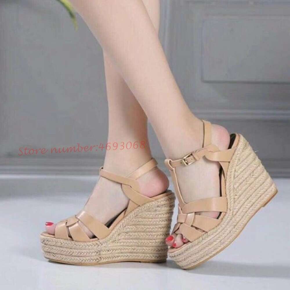 T-Strap Wedge Platform Women Braided High Heels Height Increasing Peep Toe Summer Leather Shoes Bukcle Strap Sandals