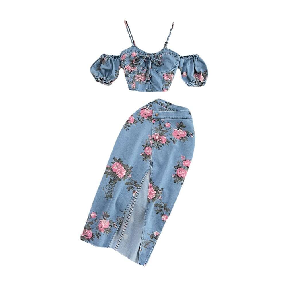 Fashion Denim Cute Set Women Spicy Girls Unique Strap Top Two Piece Set High Waist Irregular Split Half Dress Summer