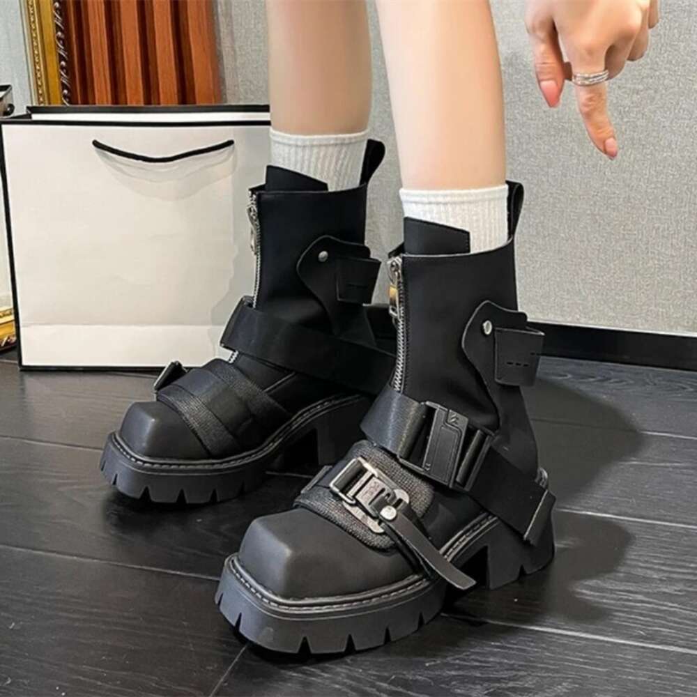 New Fashion Women Motorcycle Genuine Leather Thick Sole Zipper Belt Buckle Ankle Boots Street Modern Shoes
