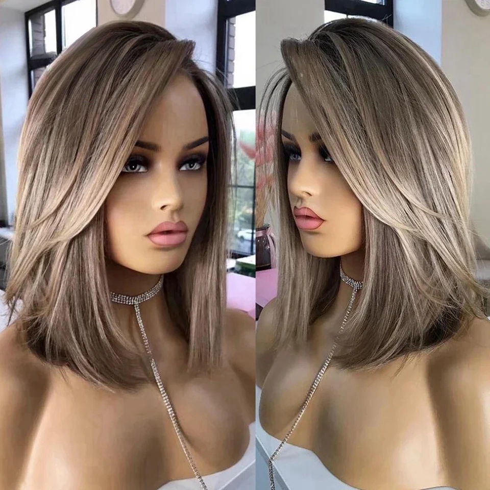Brazilian Hair Brown Highlight Lace Front Short Bob Wigs 13X4 Colored Straight Glueless Dark Roots Synthetic Blonde Wig For Women Daily Use 250820