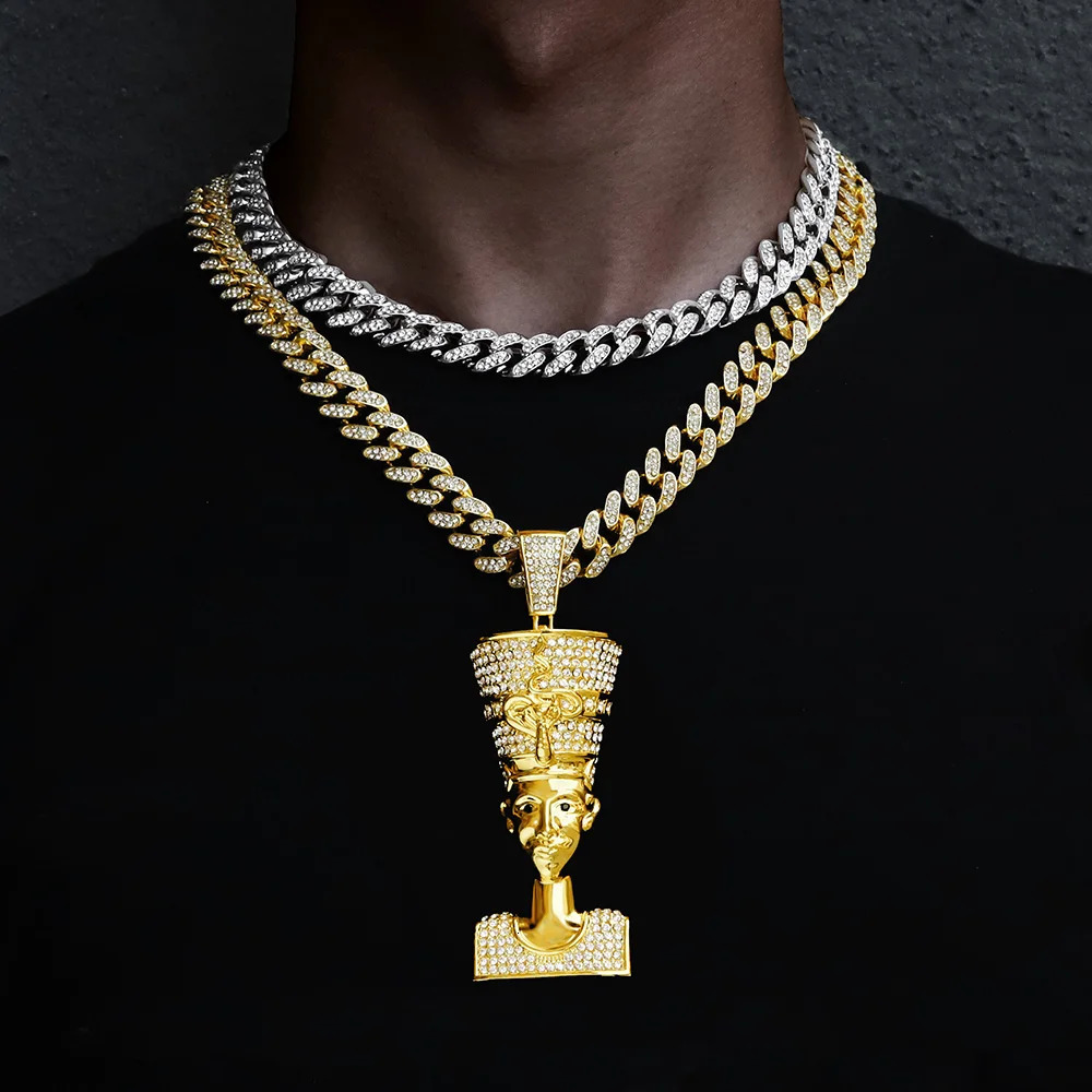 Egyptian Men Necklace Pendant Vintage Gold Color Chain Necklace with cuban chain Iced Out Crystal Gold Hip Hop PunkJewelry 240531