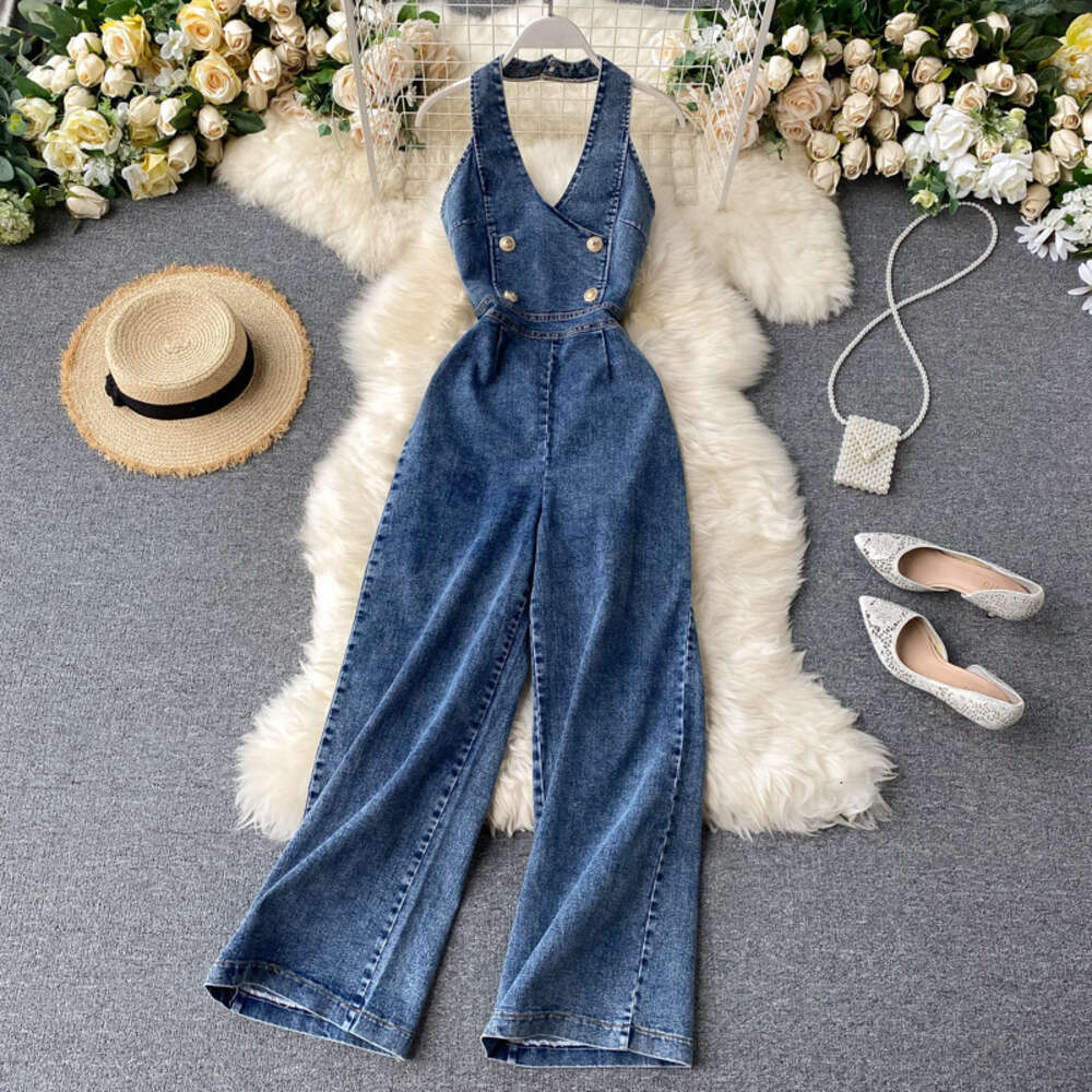 2020 Summer jumpsuit style elegant sleeveless backless high waisted slim and wide leg denim jumpsuit