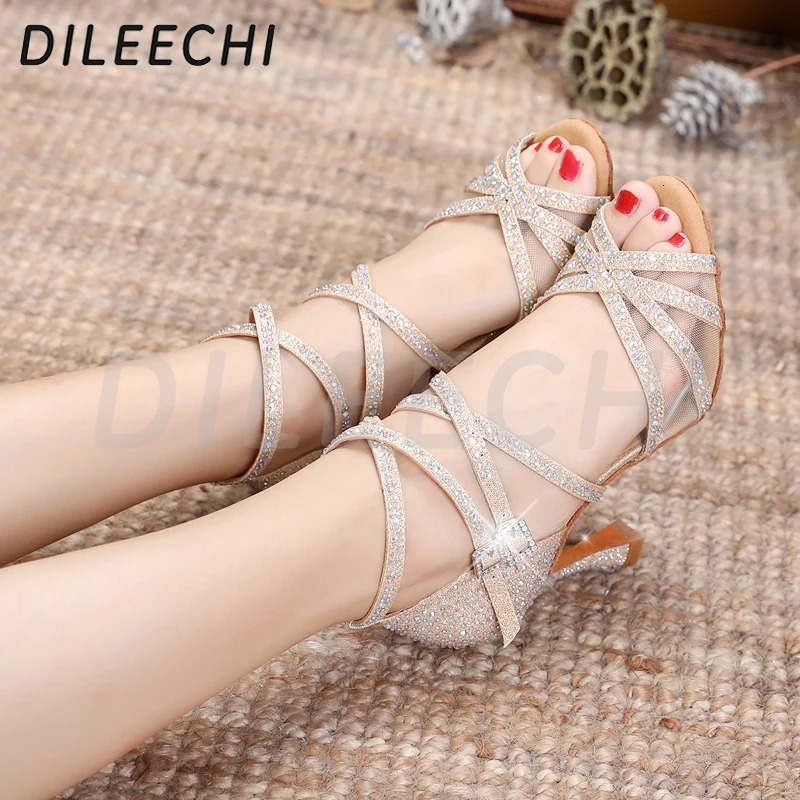 DILEECHI Latin Dance Shoes Gold Glitter Rhinestones With Net Womens Ballroom Dancing Shoes Salsa Soft Outsole Cuba Heel 9cm 240607