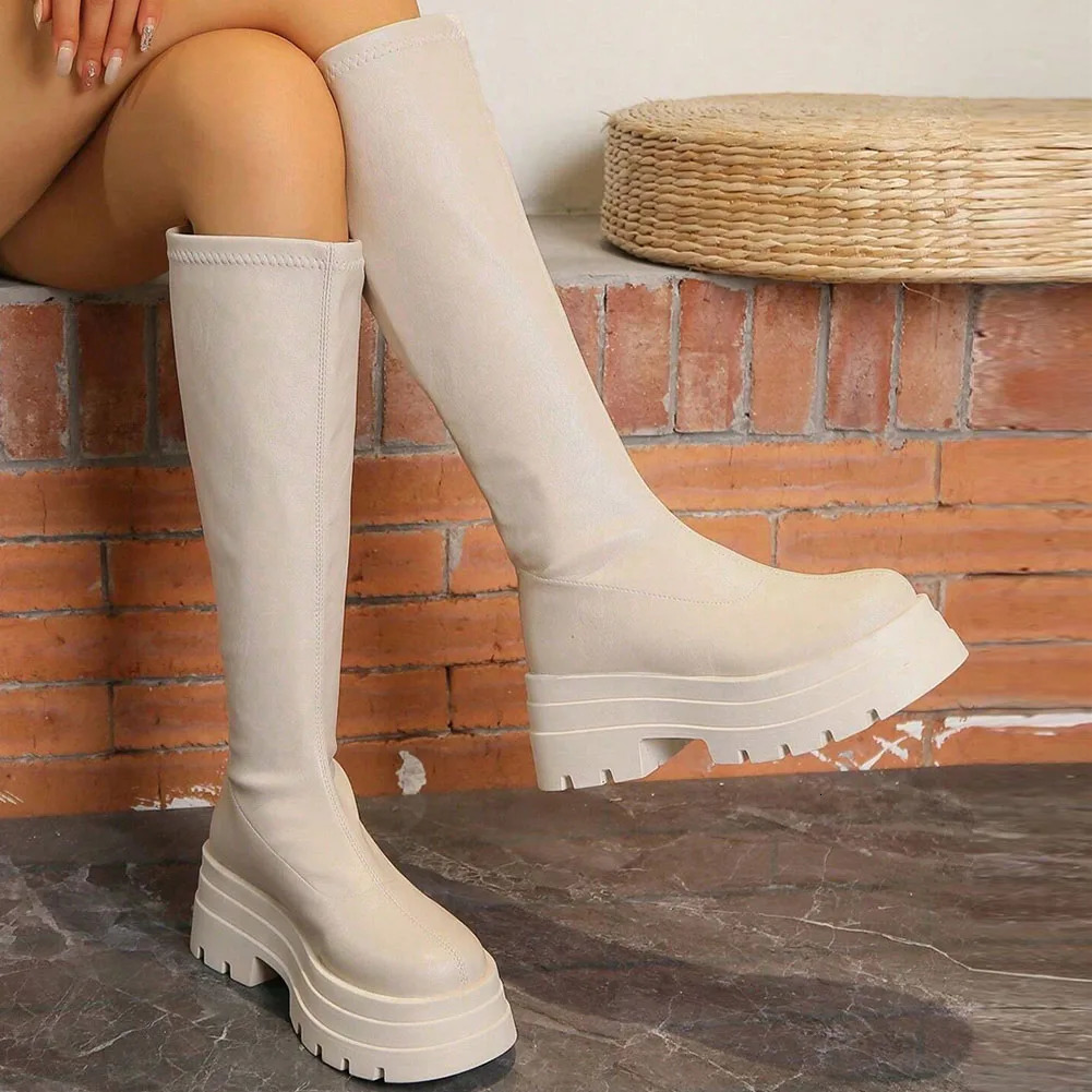 Chelsea Long Boots For Women Platform Thick Sole High Heels Womens Winter Motorcycle Knee High Boots Punk Elastic Ladies Shoes 240611