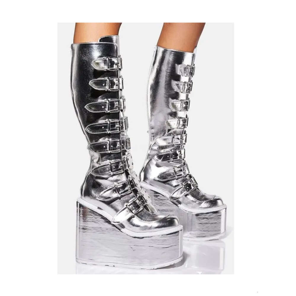 Design Sier Platform Wedges Knee Women Buckle High Heel Round Toe Cute Girl Boots Lady Shoes 2023