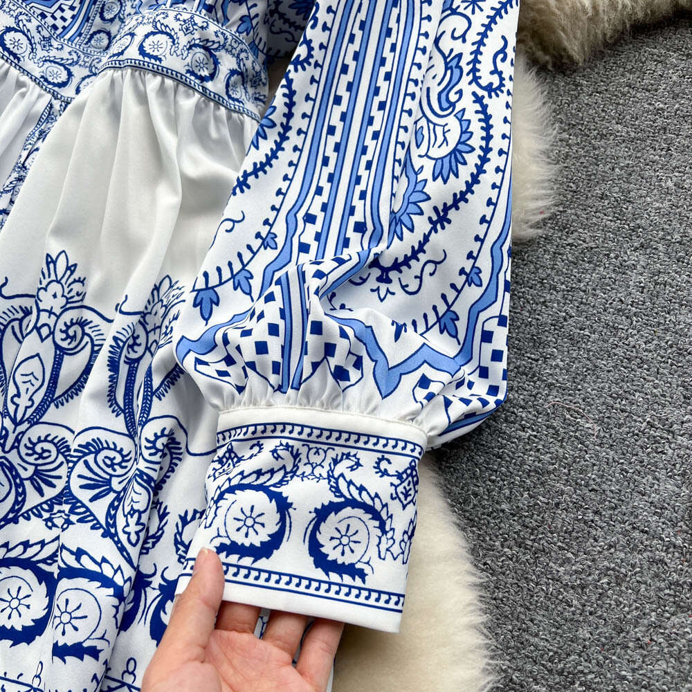 Spring New Instagram Elegant Style V-neck Single breasted Bubble Sleeves Wrapped Waist Dress Womens Big Swing Long Dress