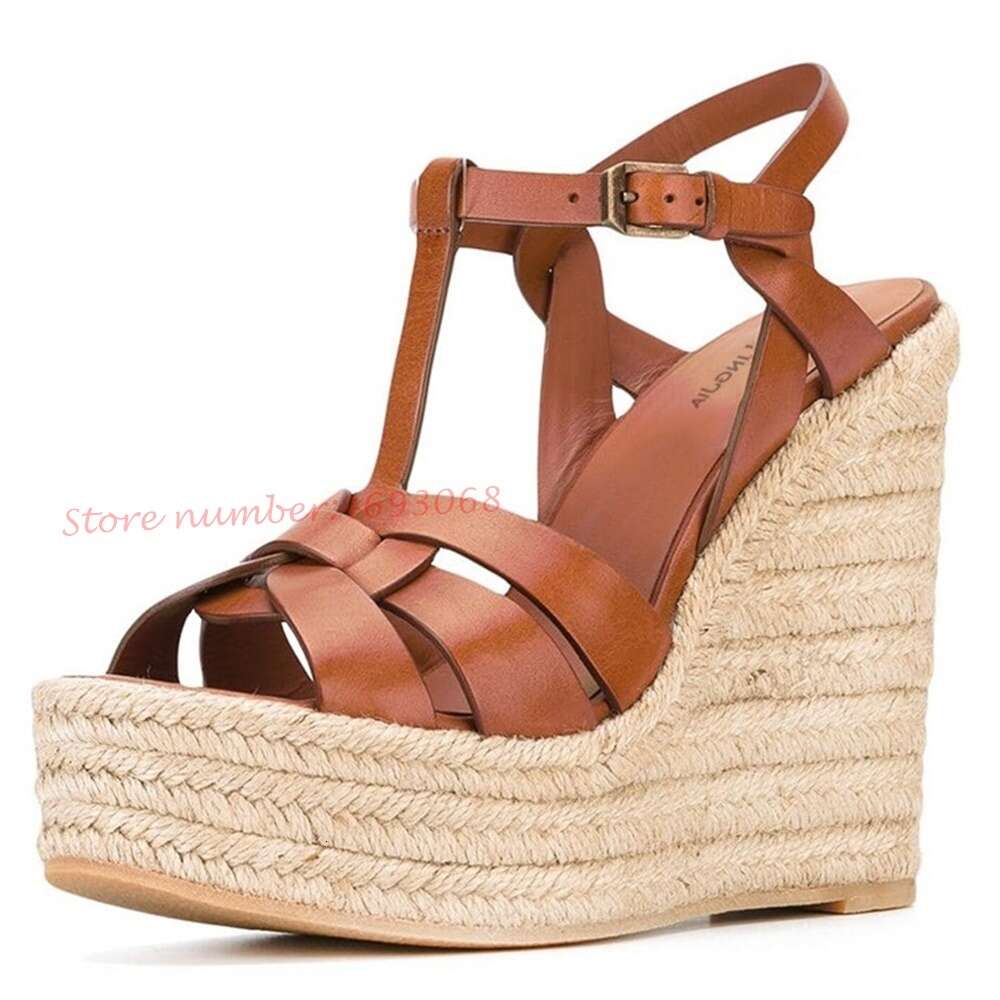 T-Strap Wedge Platform Women Braided High Heels Height Increasing Peep Toe Summer Leather Shoes Bukcle Strap Sandals