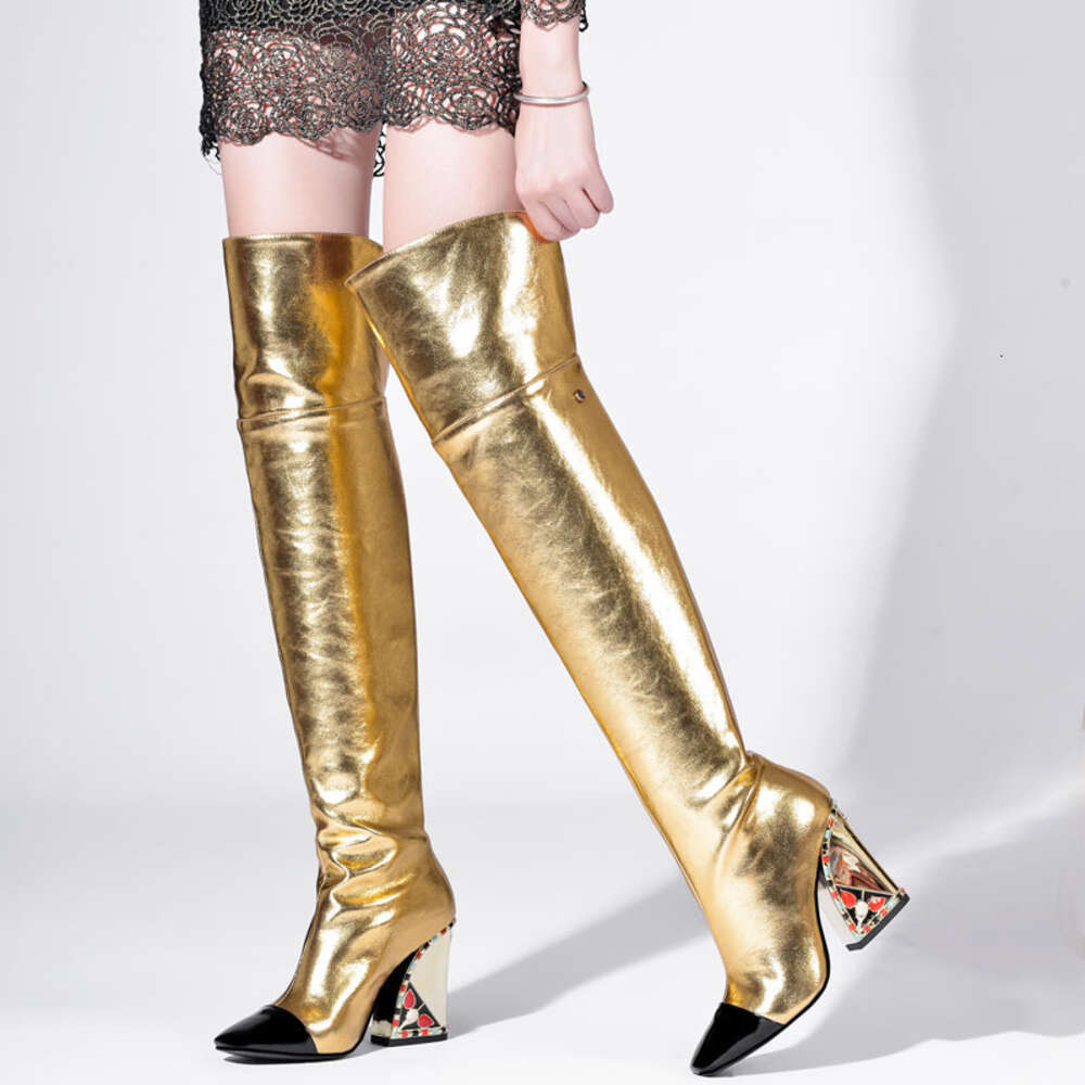 Colored Rhinestone Cowhide Mid Tube/Knee Length Boots Thick Heeled Square Toe Black Gold Runway Performance High Heels
