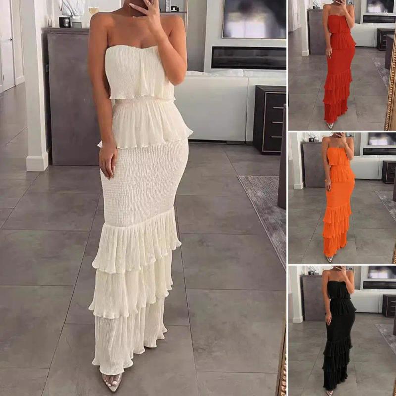 Casual Dresses Slim Fit Women Dress Party Elegant Off Shoulder Maxi Pleated Ruffle Backless For Cocktail Parties Banquets