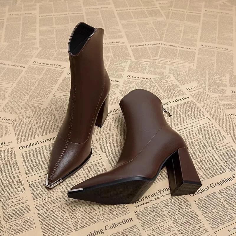 Pointed Toe Womens Ankle Boots Fashion Back Zippers Short Botas Ladies Elegant Square High Heel Winter Womens Footwear 240611