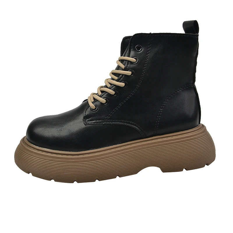 Women Autumn Flat Boots Shoes Heel Lace Up Round Toe Rock Med Rubber Summer Ladies Lolita Ankle Cross-tied PU Lace-Up S 2