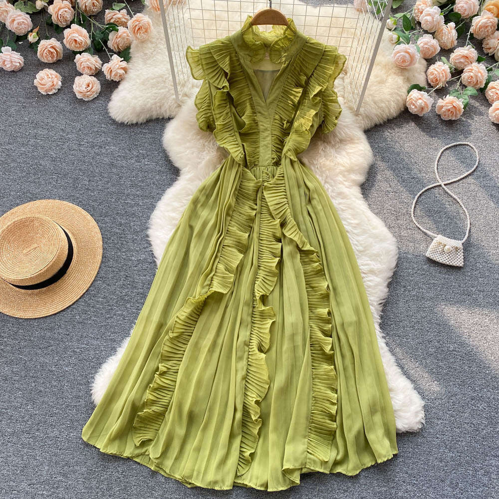 24ss Summer Chiffon Dress Sleeveless Fashion Slim Fit Elegant Ruffle Edge Waist Wrap Long Dress