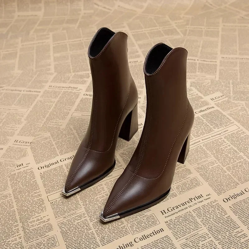 Pointed Toe Womens Ankle Boots Fashion Back Zippers Short Botas Ladies Elegant Square High Heel Winter Womens Footwear 240611