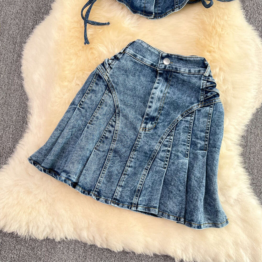 Fashion Set Spicy Girl Short Open Umbilical Strap Denim Top Two Piece High Waist Pleated Half Skirt